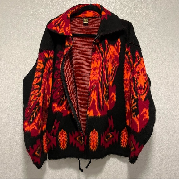Vintage Tejidos Imalaya Wool Full Zip Jacket Unique Native American Wolf Gift - Picture 4 of 6